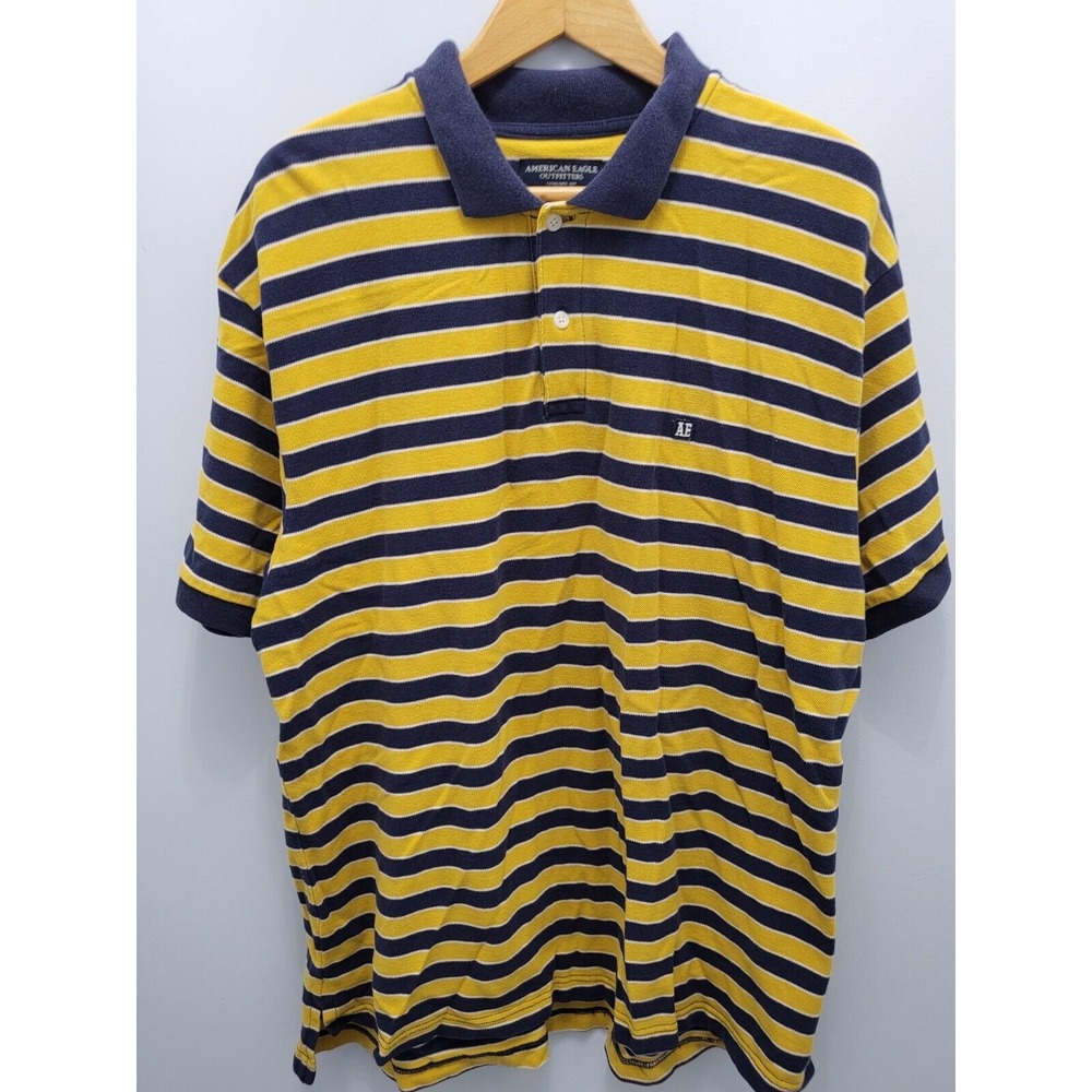 American Eagle Polo Shirt Mens XL Dark Blue‎ Yellow Striped Cotton USA Vintage